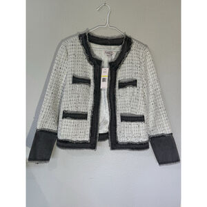 NWT Nanette Lepore By Nanette Tweed Blazer Jacket M Ivory Black Denim Trim